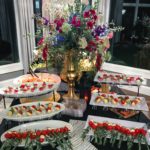 Rosemary Caprese Skewers, Caprese spoons and floral arrangement